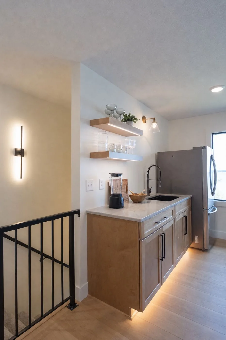 Wet bar with open shelving