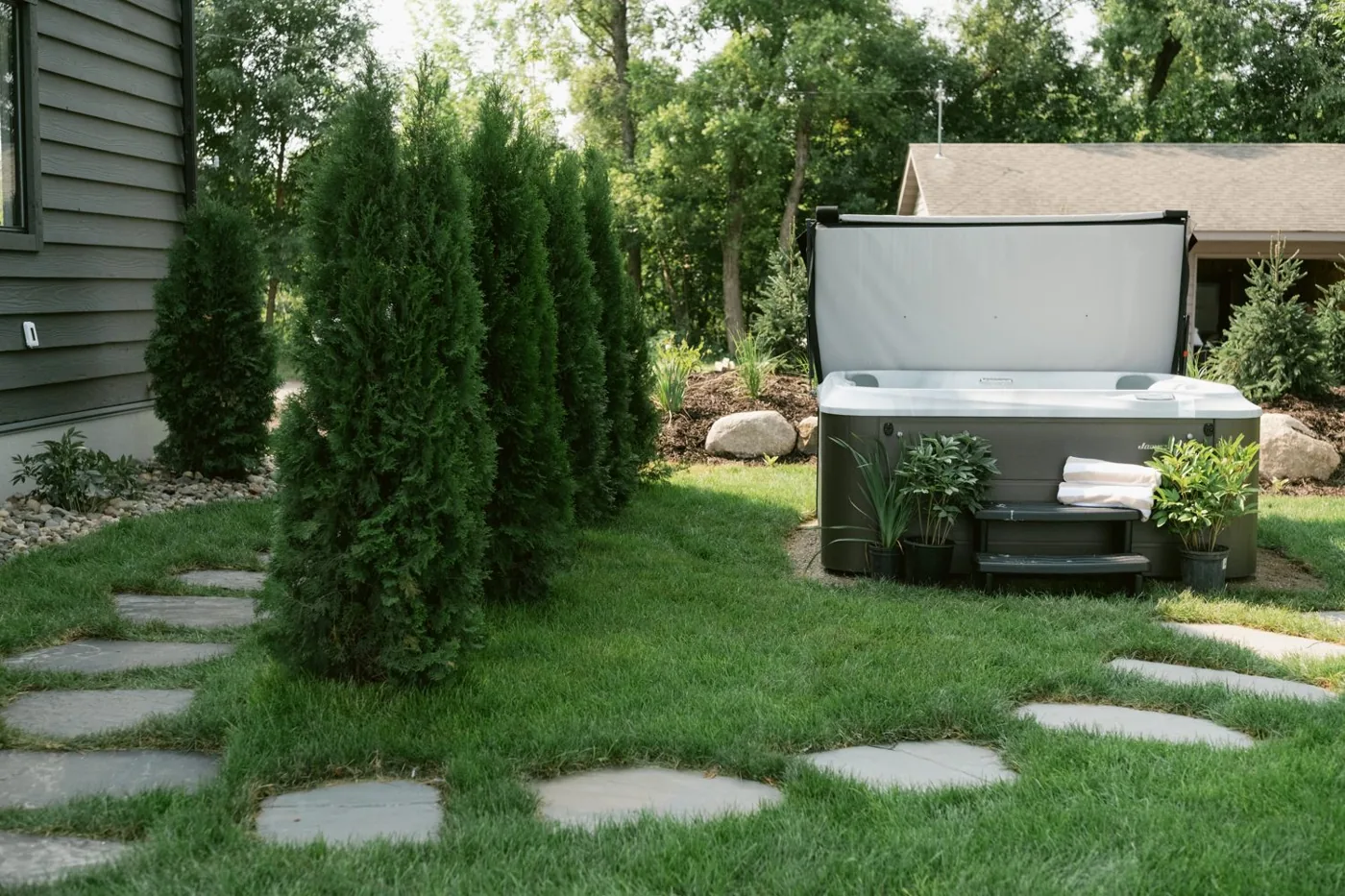 Hot tub tucked into landscaped grounds