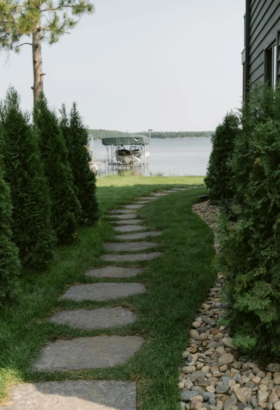 Stone path through the pines down to the lake