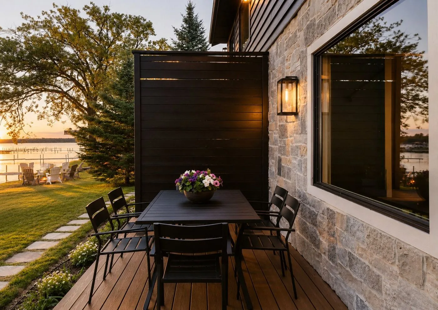 Lakeside deck dining at sunset