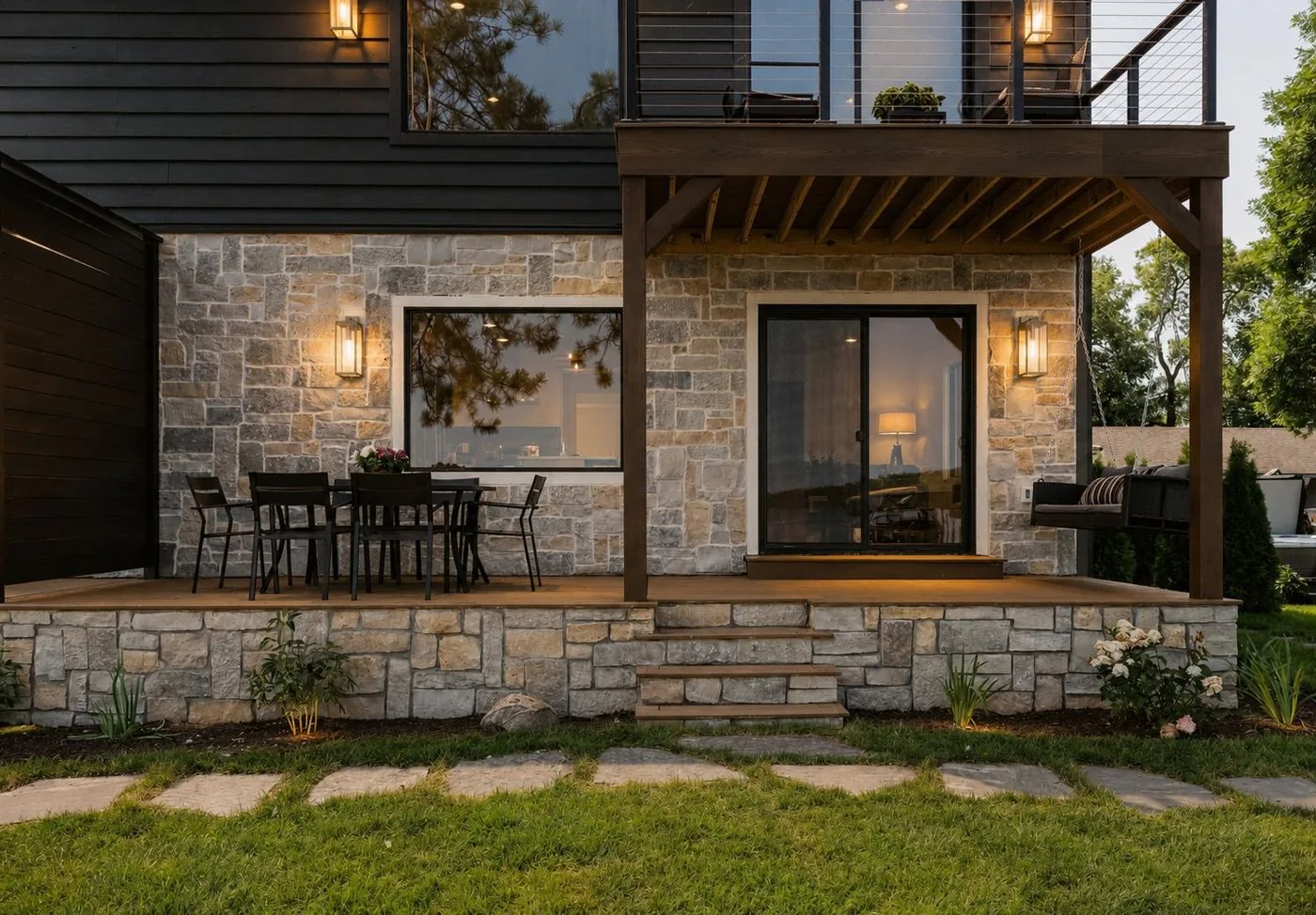 Stone patio at dusk