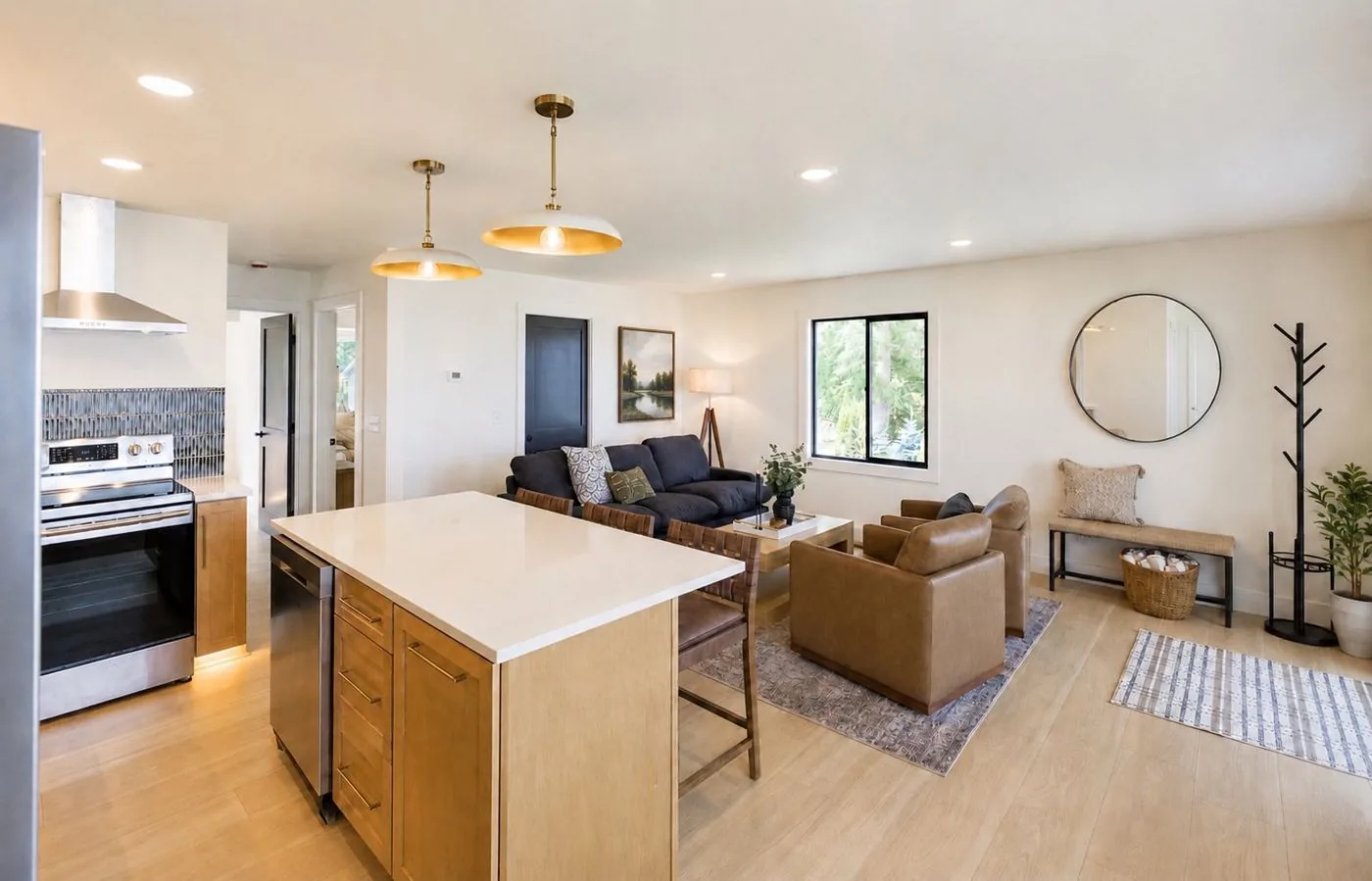 Open kitchen with island and living room